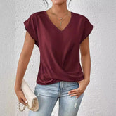 Solid Color V-neck T-shirt Elegant Short Sleeved Top For Spring And Summer Women's Clothing