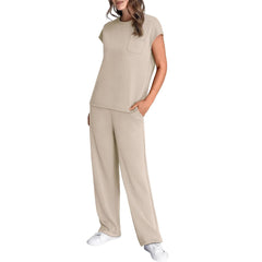 Round Neck Loose Short Sleeves Pocket Two-piece Pants Casual Suit