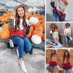 Boat Collar Off-the-shoulder Contrast Color Loose All-matching