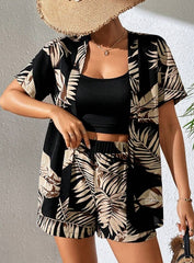 Random Print Drop Shoulder Shirt And Shorts Set With Slanted Pockets