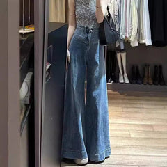 Retro Blue High Waist Loose Slim Floor-length Jeans For Women American High Street Drape Versatile Wide-leg Pants