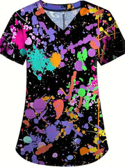 Plus Size Women's Vibrant Print Scrub Top Casual V-Neck Short Sleeve
