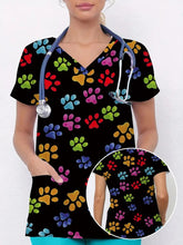 Plus Size Women's Vibrant Print Scrub Top Casual V-Neck Short Sleeve