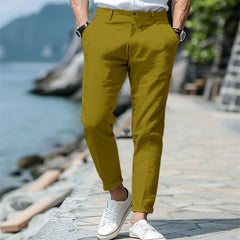 Men's Linen Summer Button Front Slant Pocket Straight-leg Trousers