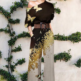 European American Fashion Floral Print One-shoulder High Waist Jumpsuit For Women