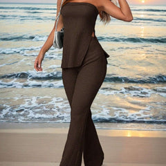 Summer Ladies' Solid Color Vacation Style Tube Top High-Slit And Flare Pants Two-Piece Set