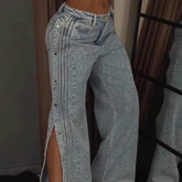 Button Polyester Rhinestone Fashion Jeans