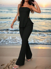 Summer Ladies' Solid Color Vacation Style Tube Top High-Slit And Flare Pants Two-Piece Set