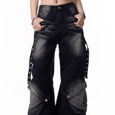 Women's Black And Gray Distressed Wide-leg Pants