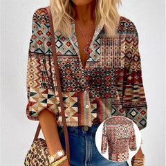 Women's Color Matching Casual Loose Button Digital Printing Shirt