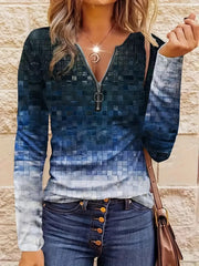 Women's Casual Loose Contrast Striped Half Zipper Top