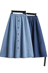 Plus Size Breasted Elastic Waist Blue Denim Skirt