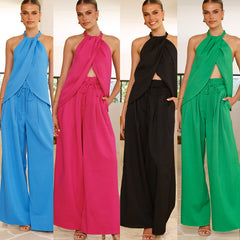 Women's Round Neck Wide Leg Pants Suit