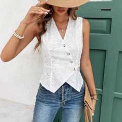 Solid Color And V-neck Button Cardigan Vest Temperament Crochet