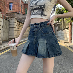 Denim Pleated For Women Summer High Waist Anti-exposure Skirt