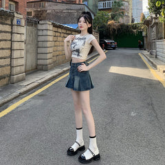 Denim Pleated For Women Summer High Waist Anti-exposure Skirt