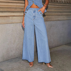 Denim Vest Suits Fashion Sleeveless Button Tops And Wide Leg Straight Pants With Pockets Women's Trousers Set