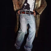 Men's Washed Loose Wide Leg Full Diamond Printed Stacked Jeans