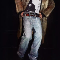 Men's Washed Loose Wide Leg Full Diamond Printed Stacked Jeans