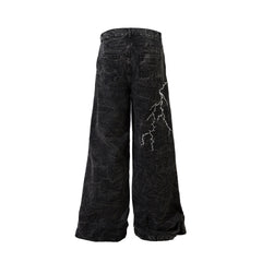 Retro Heavy Industry Lightning Embroidery Pattern Loose Jeans