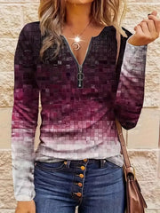 Women's Casual Loose Contrast Striped Half Zipper Top