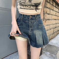 Denim Pleated For Women Summer High Waist Anti-exposure Skirt