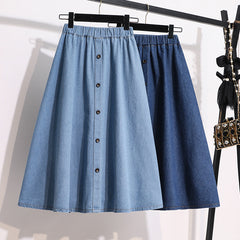Plus Size Breasted Elastic Waist Blue Denim Skirt