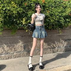 Denim Pleated For Women Summer High Waist Anti-exposure Skirt