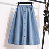 Plus Size Breasted Elastic Waist Blue Denim Skirt