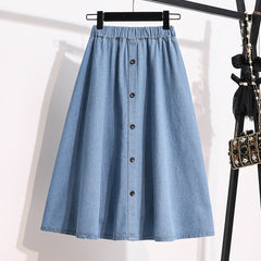 Plus Size Breasted Elastic Waist Blue Denim Skirt