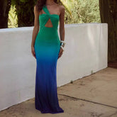 Blue And Green Gradient Halter Tube Top Slim Fit Backless Sleeveless Sheath Dress