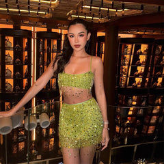 Tassel Sequins Crystal Beads Short Skirt Overall Dress Set