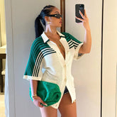 Women's Knitted Lapel Breasted Loose Striped Wool Contrast Color Top