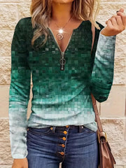 Women's Casual Loose Contrast Striped Half Zipper Top