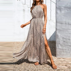 Women's Sleeveless Polka Dot Waist Split Sling Dress