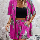 Random Print Drop Shoulder Shirt And Shorts Set With Slanted Pockets
