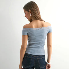 Solid Color Sleeveless Off-neck Lace Top