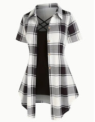 Unity AB Splicing Collar Turn-D2 In 1 Plaid Short-Sleeved T-Shirt