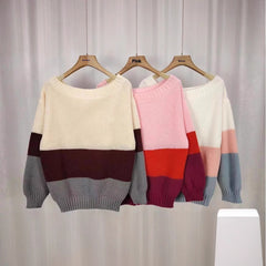 Boat Collar Off-the-shoulder Contrast Color Loose All-matching