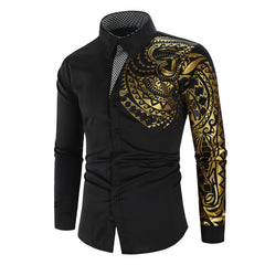 Men's Fashion Bronze Print Long Sleeve Lapel Shirt