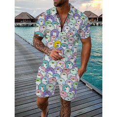 Men's Sportswear Duck Panda 3D Printing Short Sleeve Zipper Two-piece Set
