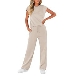 Round Neck Loose Short Sleeves Pocket Two-piece Pants Casual Suit