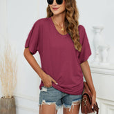 European And American T-shirt Solid Color Casual Loose-fitting V-neck Top
