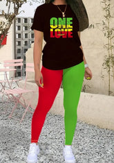 Women's Printed Round Neck T-Shirt And Leggings Set