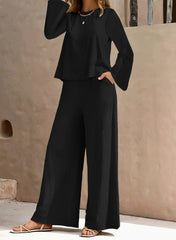 Spring And Autumn Solid Color Simple Round Neck Long Sleeve Side Pocket High Waist Wide Leg Trousers Set