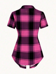 Unity AB Splicing Collar Turn-D2 In 1 Plaid Short-Sleeved T-Shirt