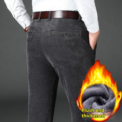 Fleece-lined Thick Corduroy Men's Pants Middle-aged High Waist Warm
