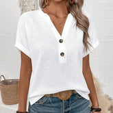 Women Summer Notched V-Neck Button Decor Casual T-Shirt