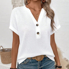 Women Summer Notched V-Neck Button Decor Casual T-Shirt