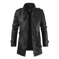 Men's Medium Long Leather Coat Korean Stand Collar Slim Large Leather Windbreaker Coat